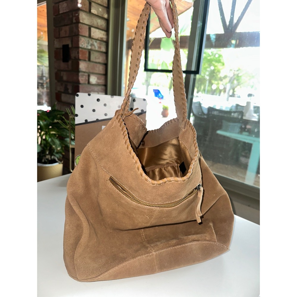 Tan Suede Whipstitch Hobo Shoulder Bag Genuine‎ Leather RN 75343 Made in India - Picture 9 of 10